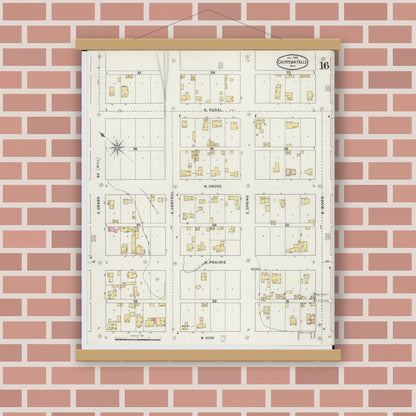 Old map wall art mockup — magnetic wood frame on brick wall — Sanborn Fire Insurance Map from Chippewa Falls, Chippewa County, Wisconsin (1895), Sheet #0016