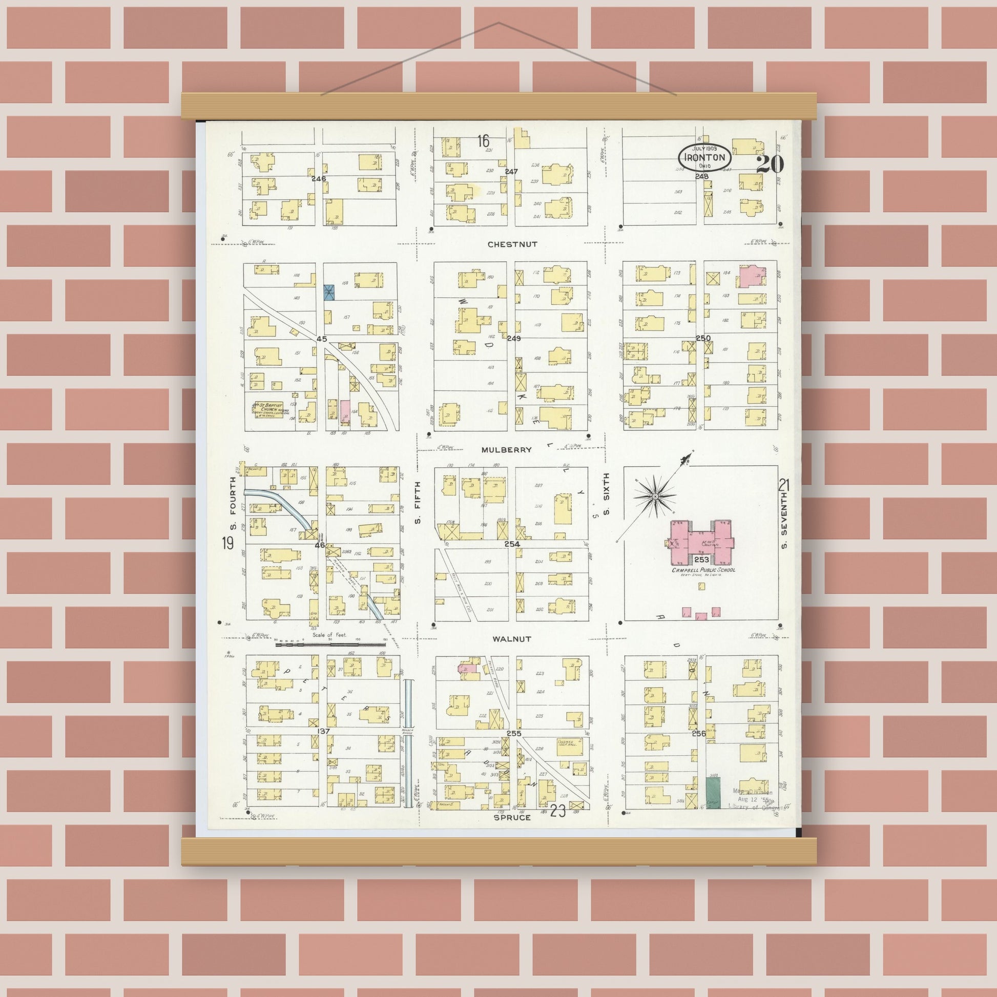Old map wall art mockup — magnetic wood frame on brick wall — Sanborn Fire Insurance Map from Ironton, Lawrence County, Ohio (1909), Sheet #0020