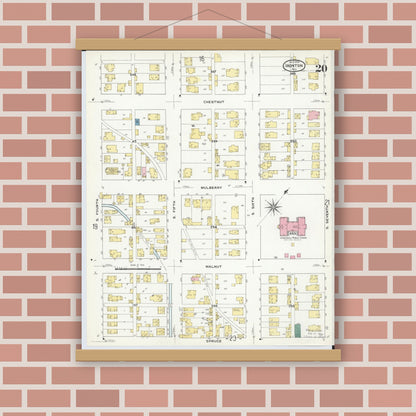 Old map wall art mockup — magnetic wood frame on brick wall — Sanborn Fire Insurance Map from Ironton, Lawrence County, Ohio (1909), Sheet #0020