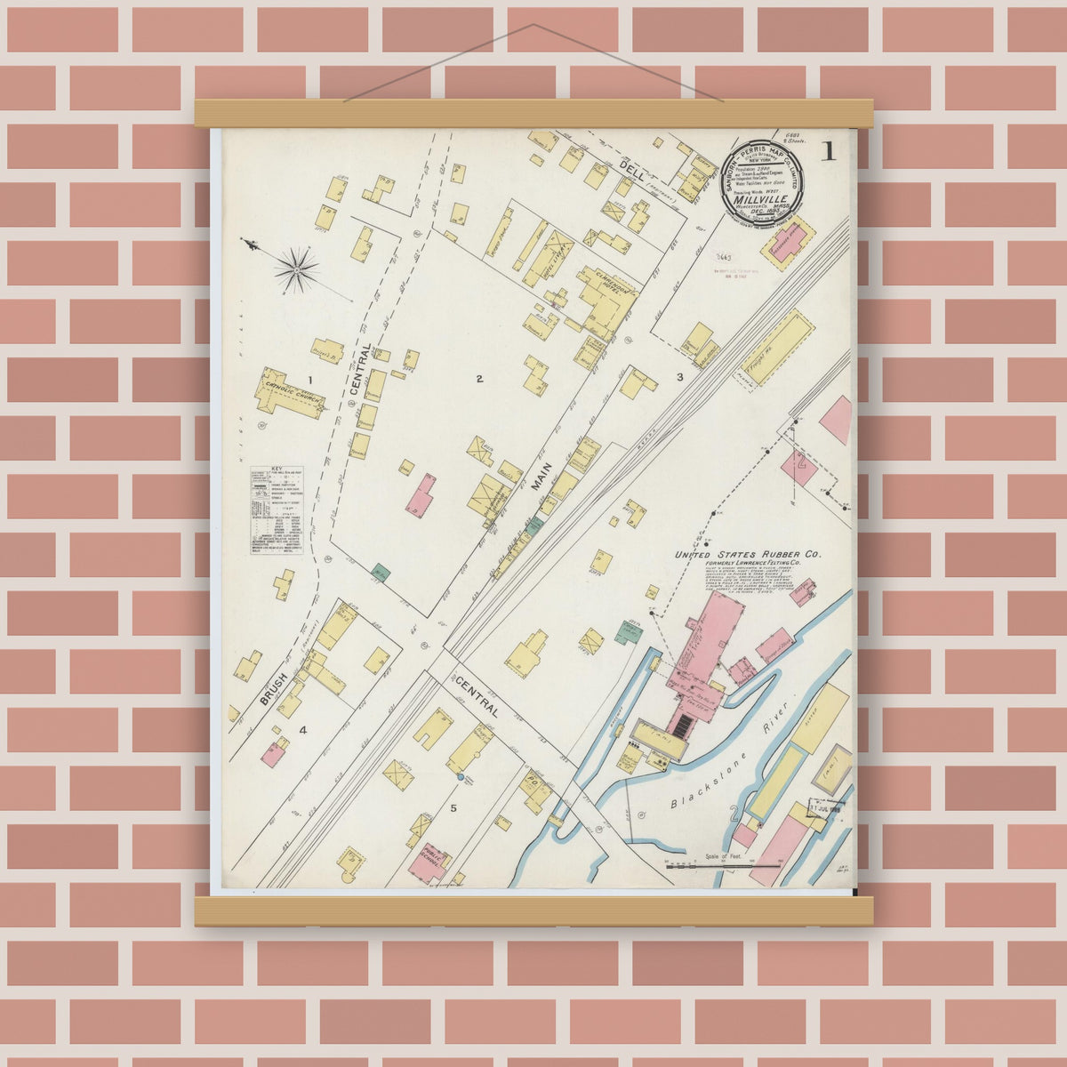 Old map wall art mockup — magnetic wood frame on brick wall — Sanborn Fire Insurance Map from Millville, Worcester County, Massachusetts (1893) - Complete Map Set