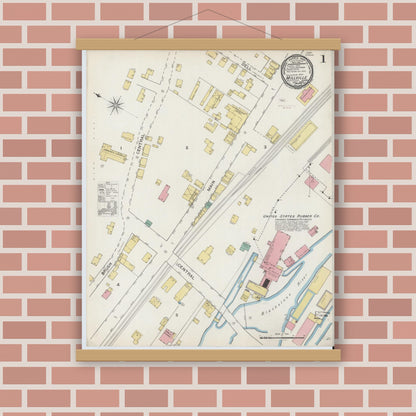 Old map wall art mockup — magnetic wood frame on brick wall — Sanborn Fire Insurance Map from Millville, Worcester County, Massachusetts (1893) - Complete Map Set