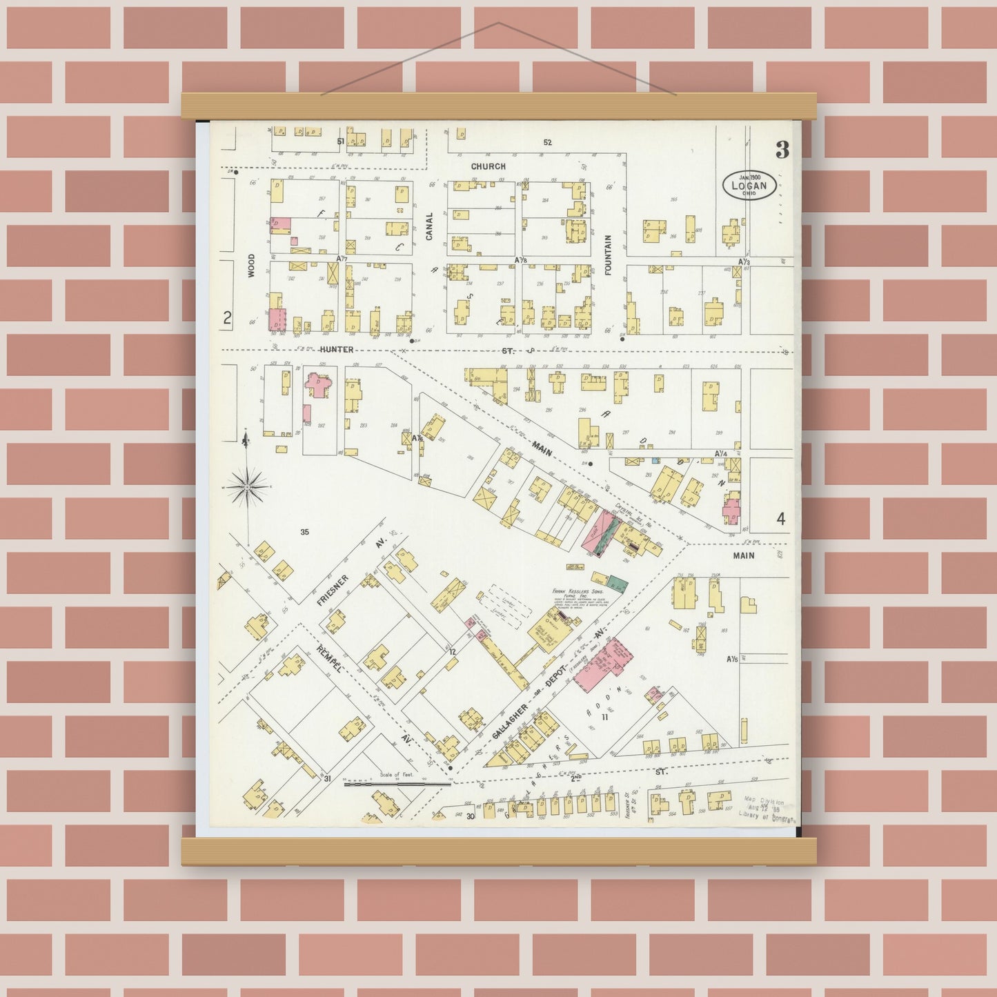 Old map wall art mockup — magnetic wood frame on brick wall — Sanborn Fire Insurance Map from Logan, Hocking County, Ohio (1900), Sheet #0003