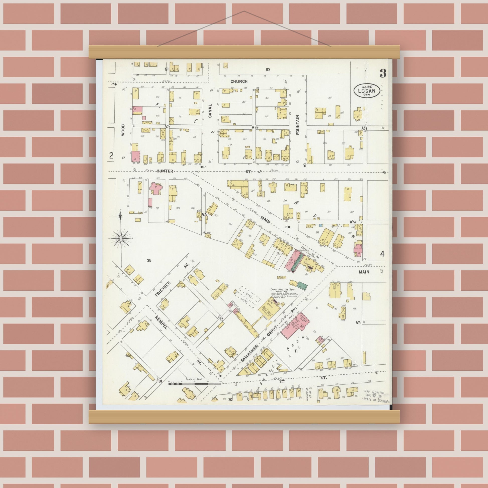 Old map wall art mockup — magnetic wood frame on brick wall — Sanborn Fire Insurance Map from Logan, Hocking County, Ohio (1900), Sheet #0003