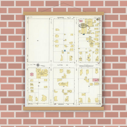 Old map wall art mockup — magnetic wood frame on brick wall — Sanborn Fire Insurance Map from Lakewood, Ocean County, New Jersey (1916), Sheet #0006