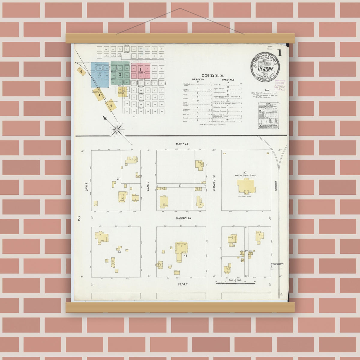 Old map wall art mockup — magnetic wood frame on brick wall — Sanborn Fire Insurance Map from Hearne, Robertson County, Texas (1906), Sheet #0001