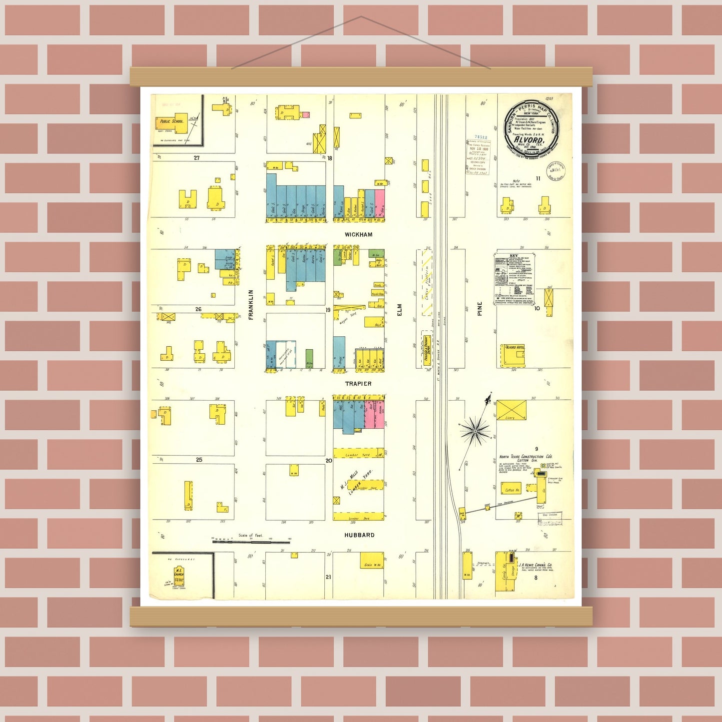 Old map wall art mockup — magnetic wood frame on brick wall — Sanborn Fire Insurance Map from Alvord, Wise County, Texas (1900), Sheet #0001