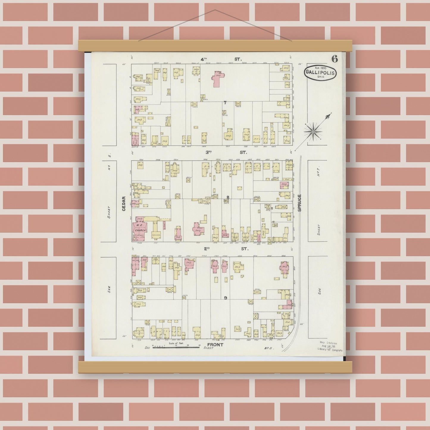 Old map wall art mockup — magnetic wood frame on brick wall — Sanborn Fire Insurance Map from Gallipolis, Gallia County, Ohio (1890), Sheet #0006