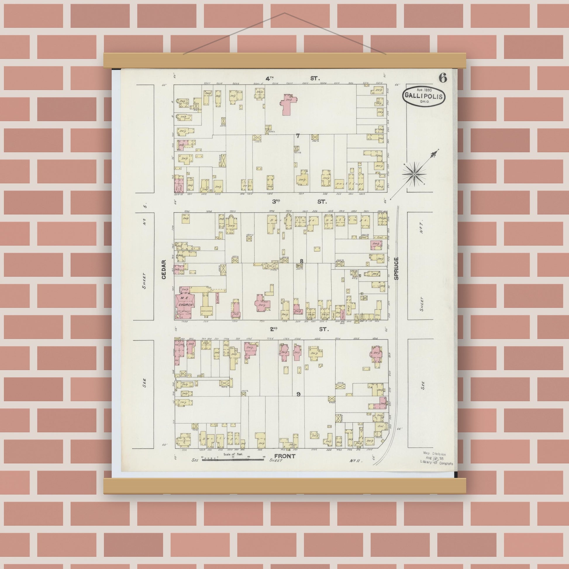 Old map wall art mockup — magnetic wood frame on brick wall — Sanborn Fire Insurance Map from Gallipolis, Gallia County, Ohio (1890), Sheet #0006