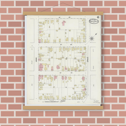 Old map wall art mockup — magnetic wood frame on brick wall — Sanborn Fire Insurance Map from Gallipolis, Gallia County, Ohio (1890), Sheet #0006