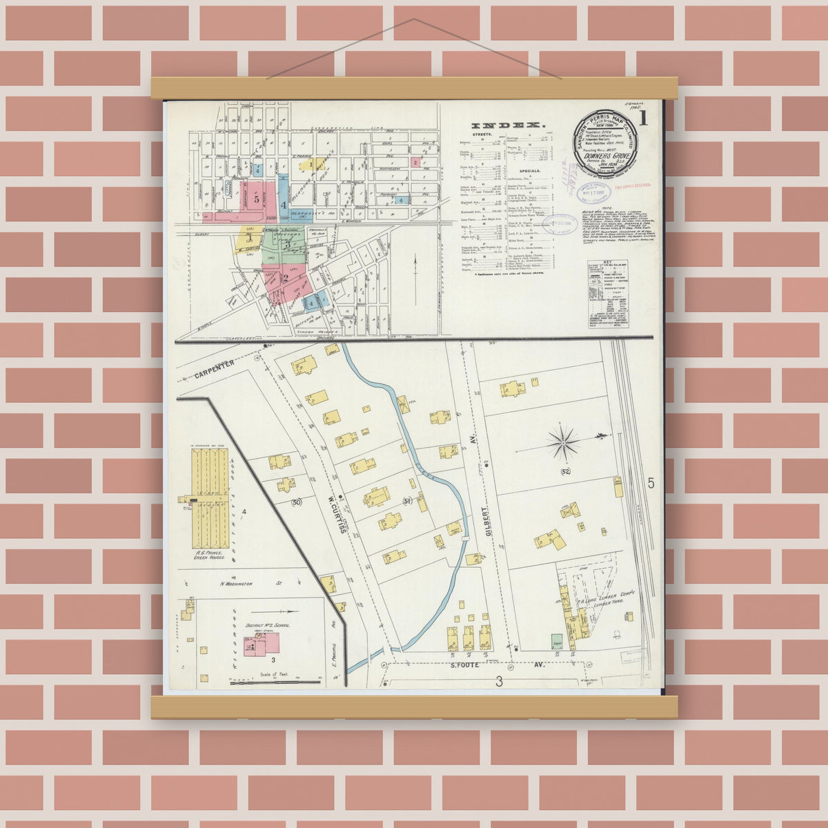 Old map wall art mockup — magnetic wood frame on brick wall — Sanborn Fire Insurance Map from Downers Grove, Dupage County, Illinois (1898) - Complete Map Set