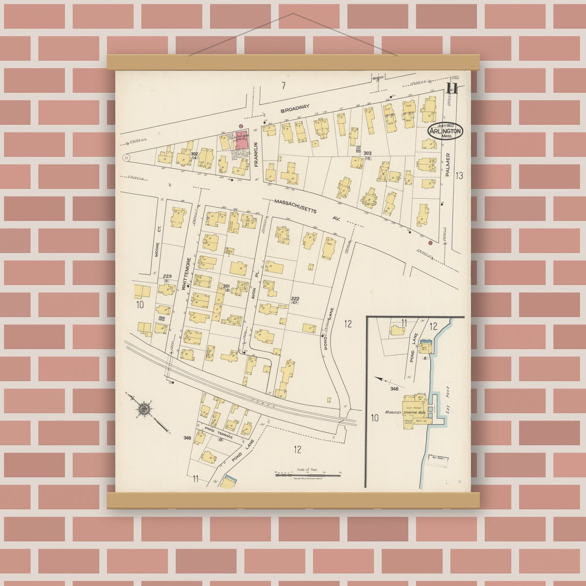Old map wall art mockup — magnetic wood frame on brick wall — Sanborn Fire Insurance Map from Arlington, Middlesex County, Massachusetts (1922), Sheet #0011