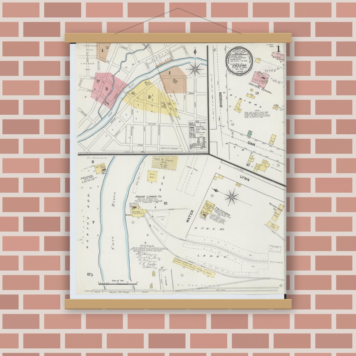 Old map wall art mockup — magnetic wood frame on brick wall — Sanborn Fire Insurance Map from Vassar, Tuscola County, Michigan (1889) - Complete Map Set