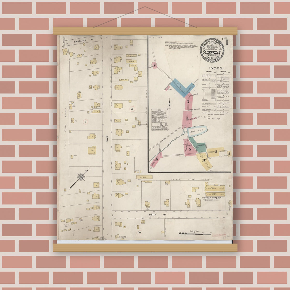 Old map wall art mockup — magnetic wood frame on brick wall — Sanborn Fire Insurance Map from Cedarville, Cumberland County, New Jersey (1928) - Complete Map Set