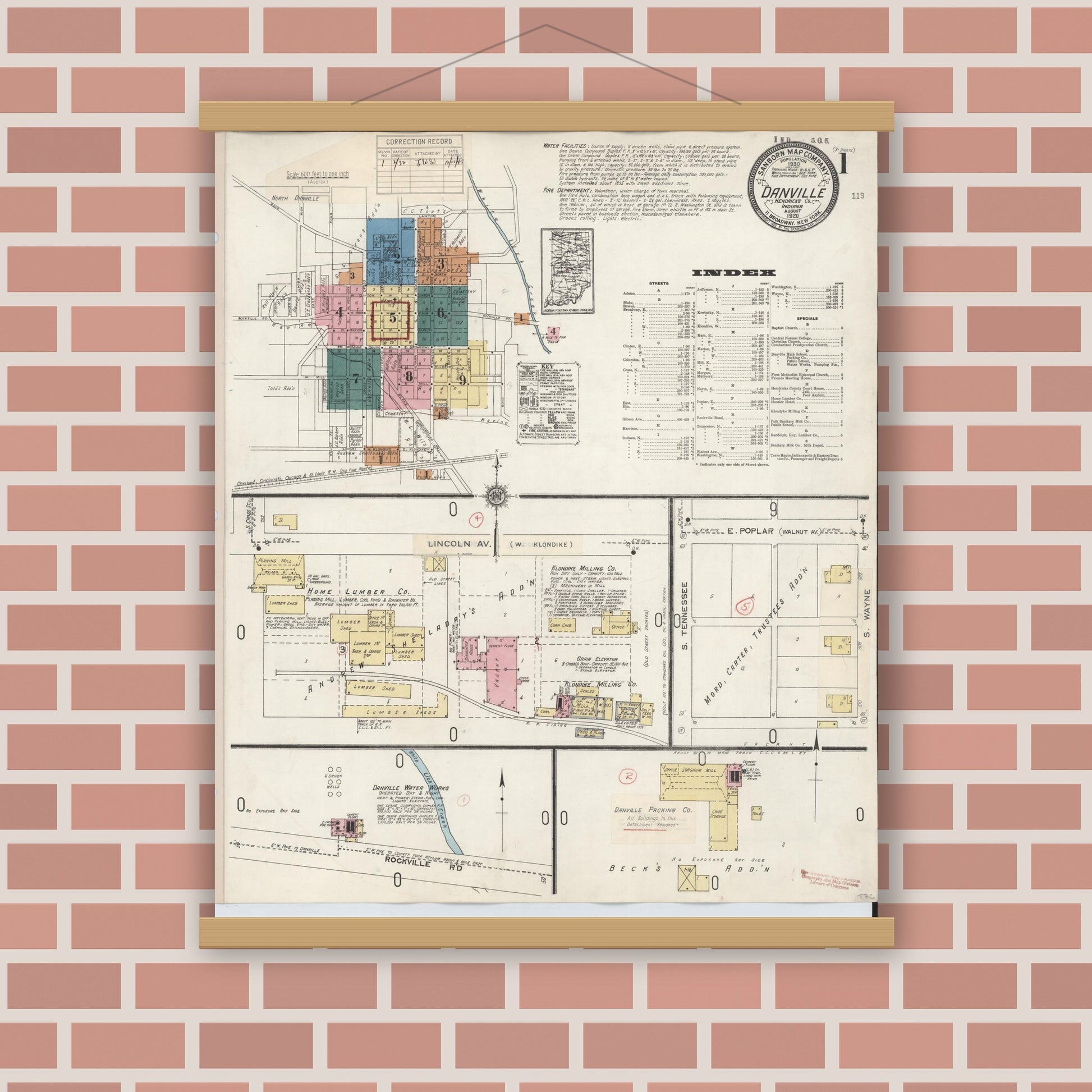 Old map wall art mockup — magnetic wood frame on brick wall — Sanborn Fire Insurance Map from Danville, Hendricks County, Indiana (1932) - Complete Map Set