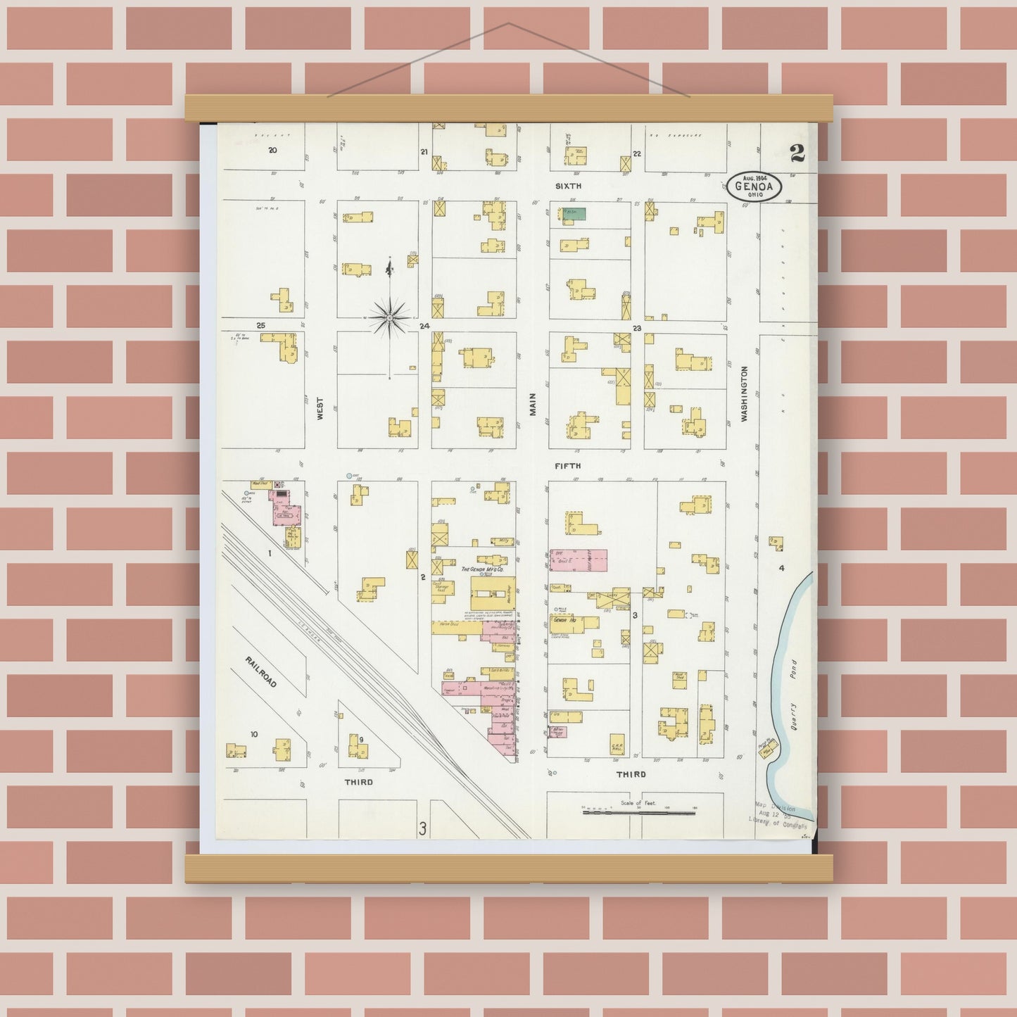 Old map wall art mockup — magnetic wood frame on brick wall — Sanborn Fire Insurance Map from Genoa, Ottawa County, Ohio (1904), Sheet #0002