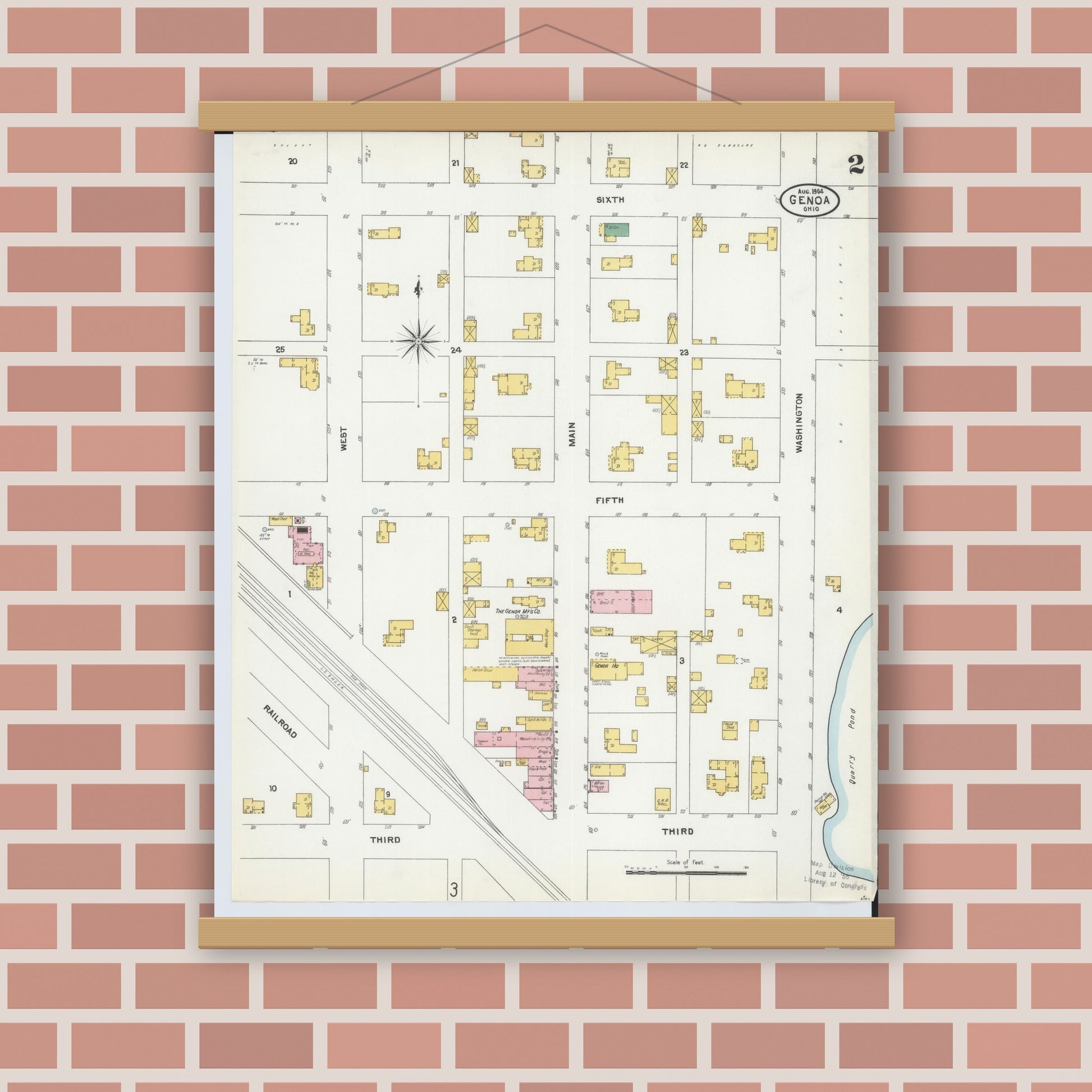 Old map wall art mockup — magnetic wood frame on brick wall — Sanborn Fire Insurance Map from Genoa, Ottawa County, Ohio (1904), Sheet #0002