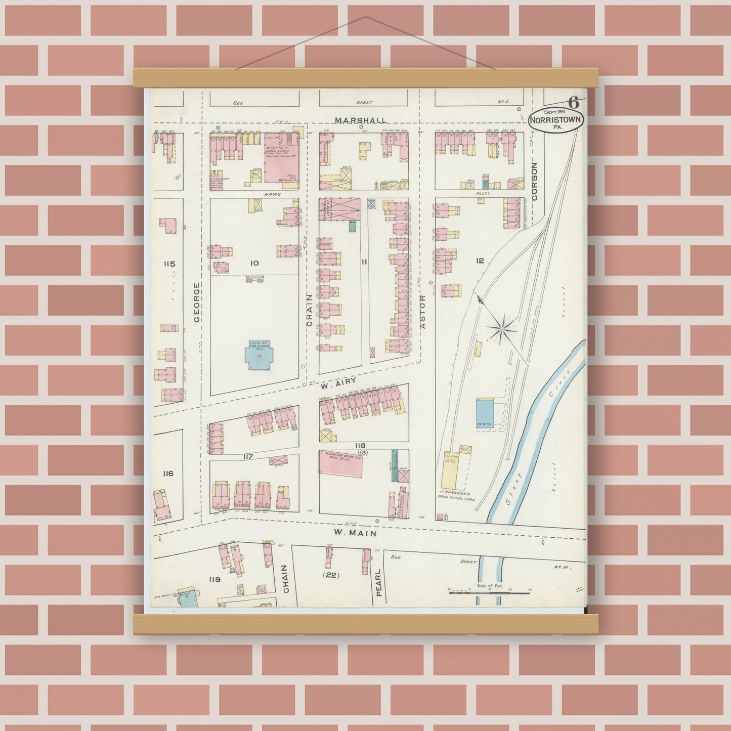 Old map wall art mockup — magnetic wood frame on brick wall — Sanborn Fire Insurance Map from Norristown, Montgomery County, Pennsylvania (1891), Sheet #0006