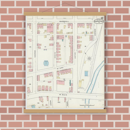 Old map wall art mockup — magnetic wood frame on brick wall — Sanborn Fire Insurance Map from Norristown, Montgomery County, Pennsylvania (1891), Sheet #0006