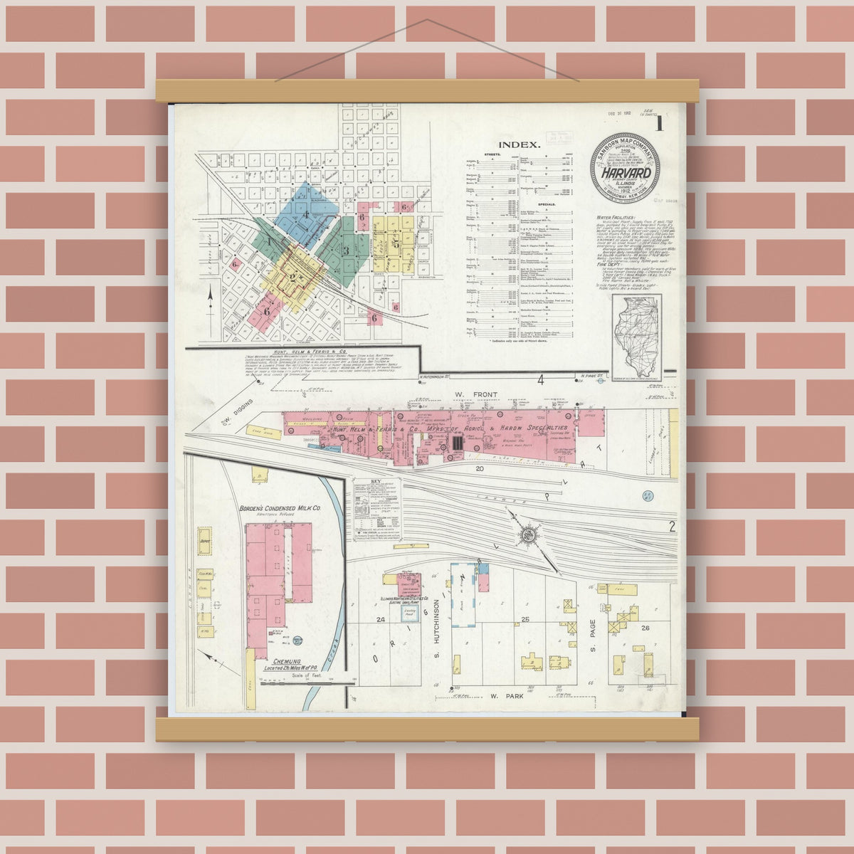 Old map wall art mockup — magnetic wood frame on brick wall — Sanborn Fire Insurance Map from Harvard, McHenry County, Illinois (1912), Sheet #0001