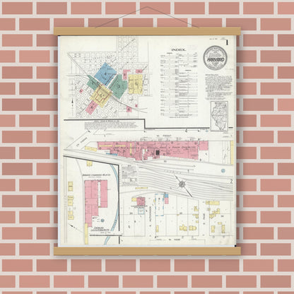 Old map wall art mockup — magnetic wood frame on brick wall — Sanborn Fire Insurance Map from Harvard, McHenry County, Illinois (1912), Sheet #0001