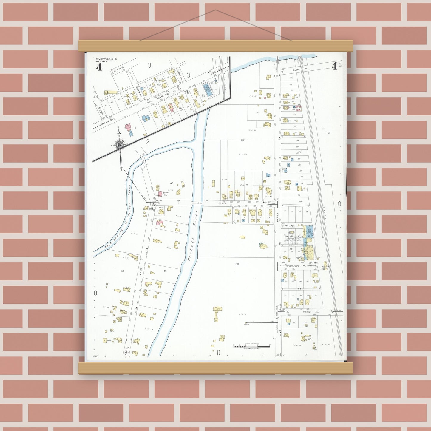 Old map wall art mockup — magnetic wood frame on brick wall — Sanborn Fire Insurance Map from Pemberville, Wood County, Ohio (1948), Sheet #0004
