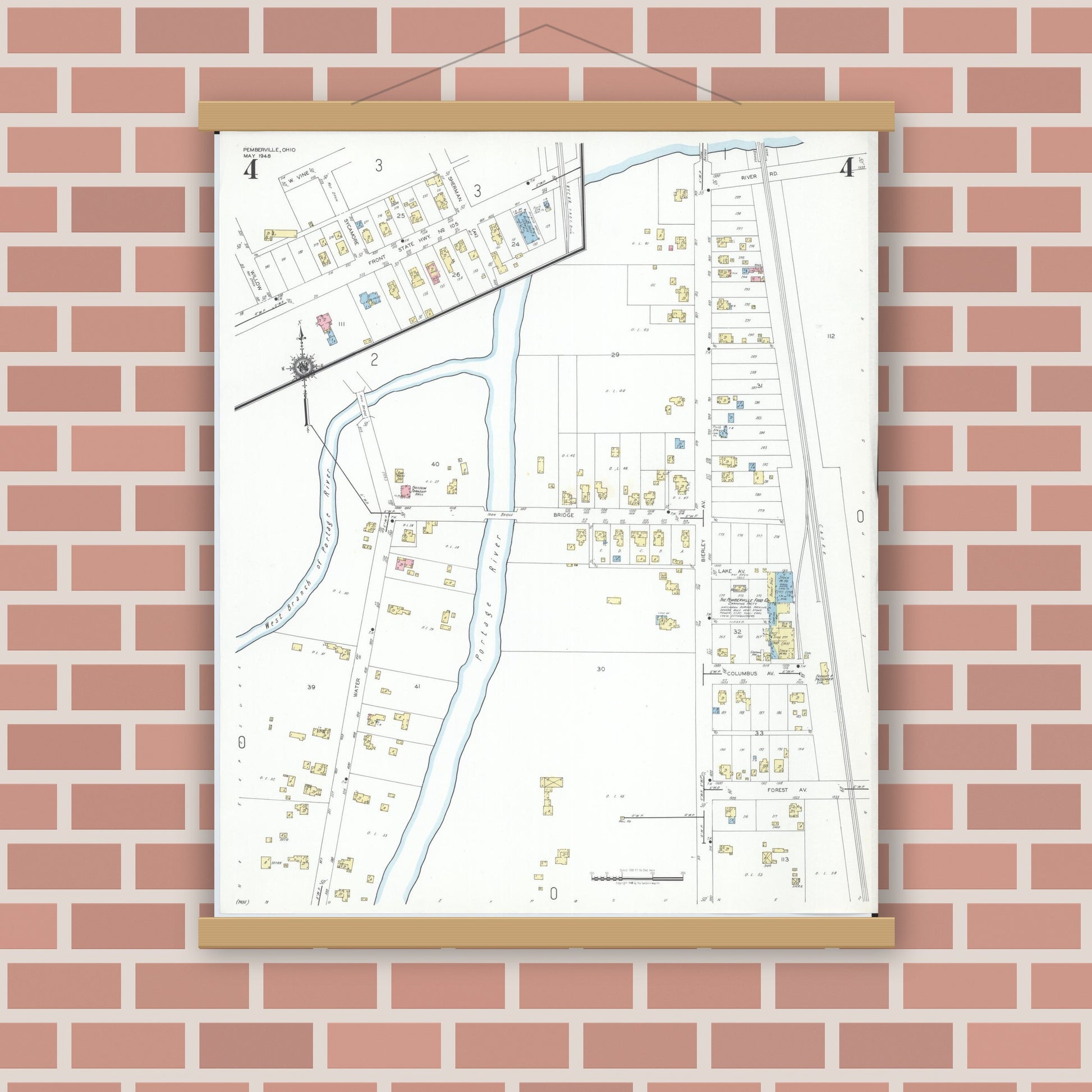 Old map wall art mockup — magnetic wood frame on brick wall — Sanborn Fire Insurance Map from Pemberville, Wood County, Ohio (1948), Sheet #0004