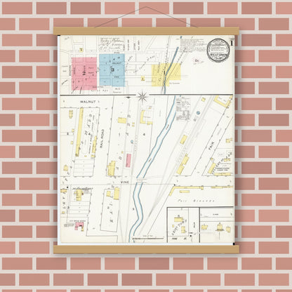 Old map wall art mockup — magnetic wood frame on brick wall — Sanborn Fire Insurance Map from West Union, Fayette County, Iowa (1894), Sheet #0001