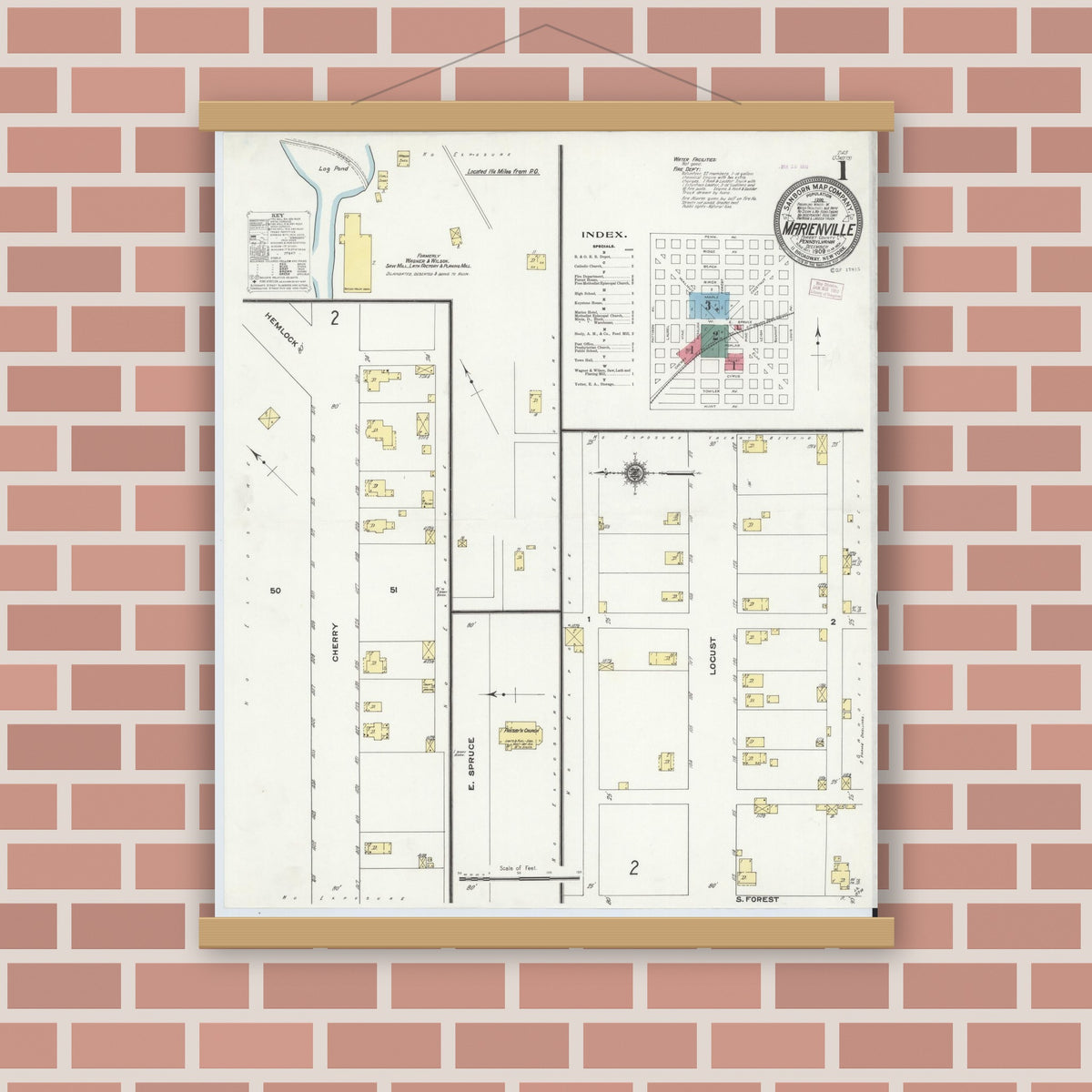 Old map wall art mockup — magnetic wood frame on brick wall — Sanborn Fire Insurance Map from Marienville, Forest County, Pennsylvania (1909), Sheet #0001