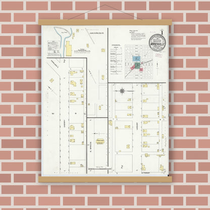 Old map wall art mockup — magnetic wood frame on brick wall — Sanborn Fire Insurance Map from Marienville, Forest County, Pennsylvania (1909), Sheet #0001