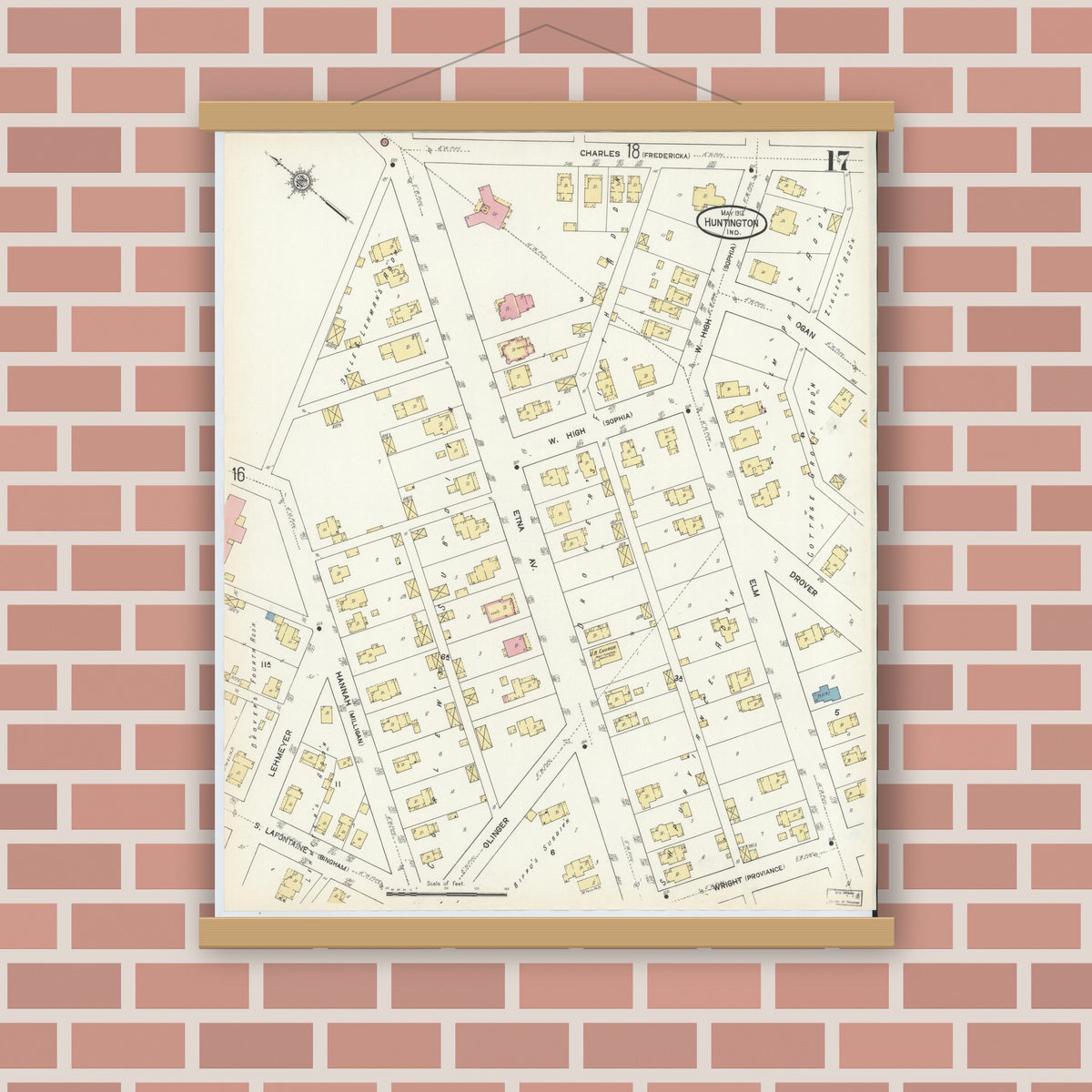 Old map wall art mockup — magnetic wood frame on brick wall — Sanborn Fire Insurance Map from Huntington, Huntington County, Indiana (1912), Sheet #0017