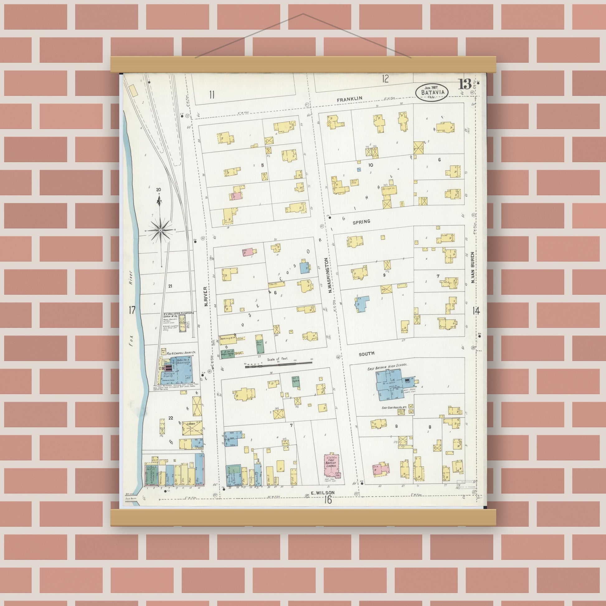 Old map wall art mockup — magnetic wood frame on brick wall — Sanborn Fire Insurance Map from Batavia, Kane County, Illinois (1907), Sheet #0013
