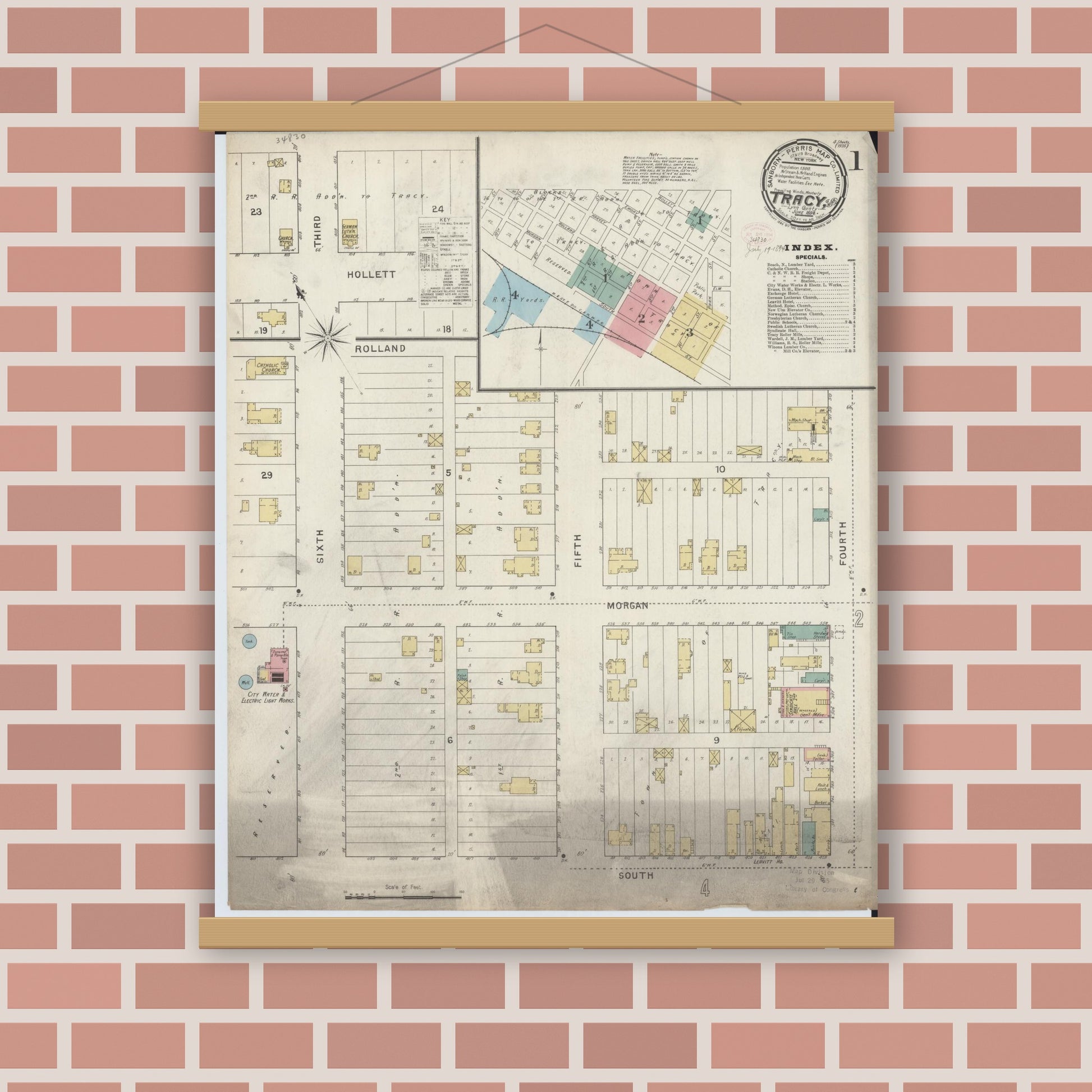 Old map wall art mockup — magnetic wood frame on brick wall — Sanborn Fire Insurance Map from Tracy, Lyon County, Minnesota (1894), Sheet #0001