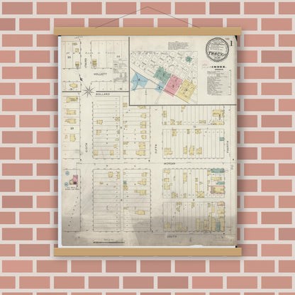 Old map wall art mockup — magnetic wood frame on brick wall — Sanborn Fire Insurance Map from Tracy, Lyon County, Minnesota (1894), Sheet #0001