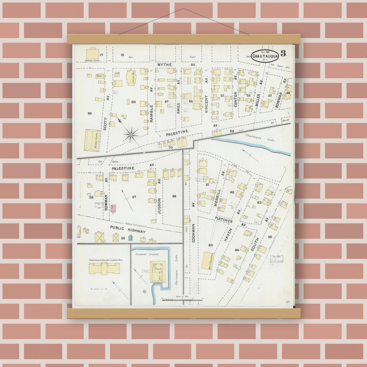 Old map wall art mockup — magnetic wood frame on brick wall — Sanborn Fire Insurance Map from Chautauqua, Chautauqua County, New York (1891), Sheet #0003