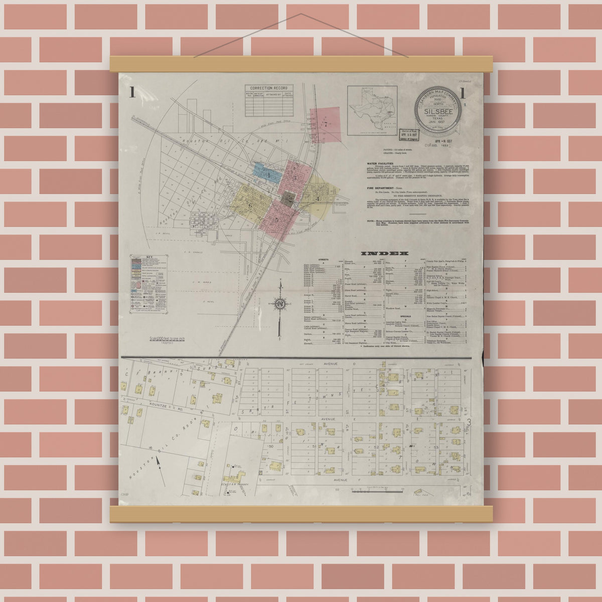 Old map wall art mockup — magnetic wood frame on brick wall — Sanborn Fire Insurance Map from Silsbee, Hardin County, Texas (1937), Sheet #0001