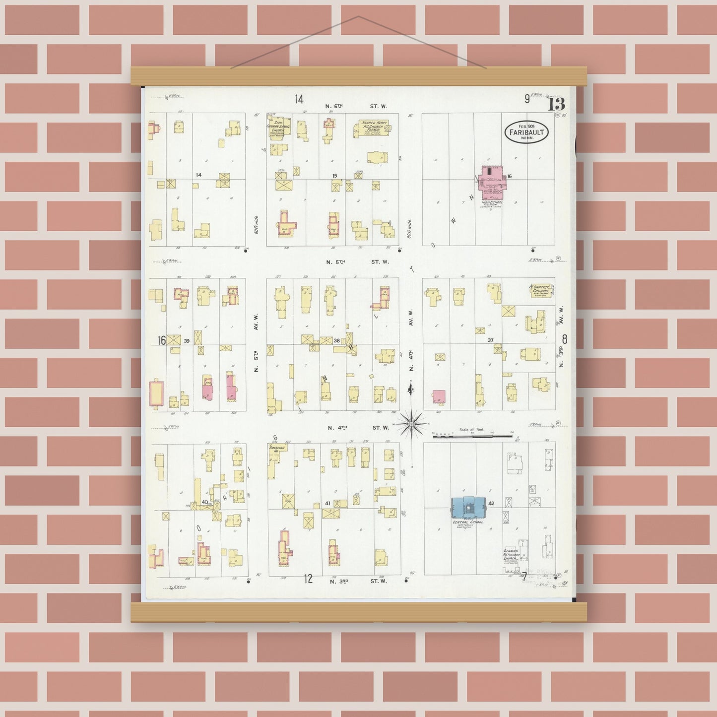 Old map wall art mockup — magnetic wood frame on brick wall — Sanborn Fire Insurance Map from Faribault, Rice County, Minnesota (1909), Sheet #0013