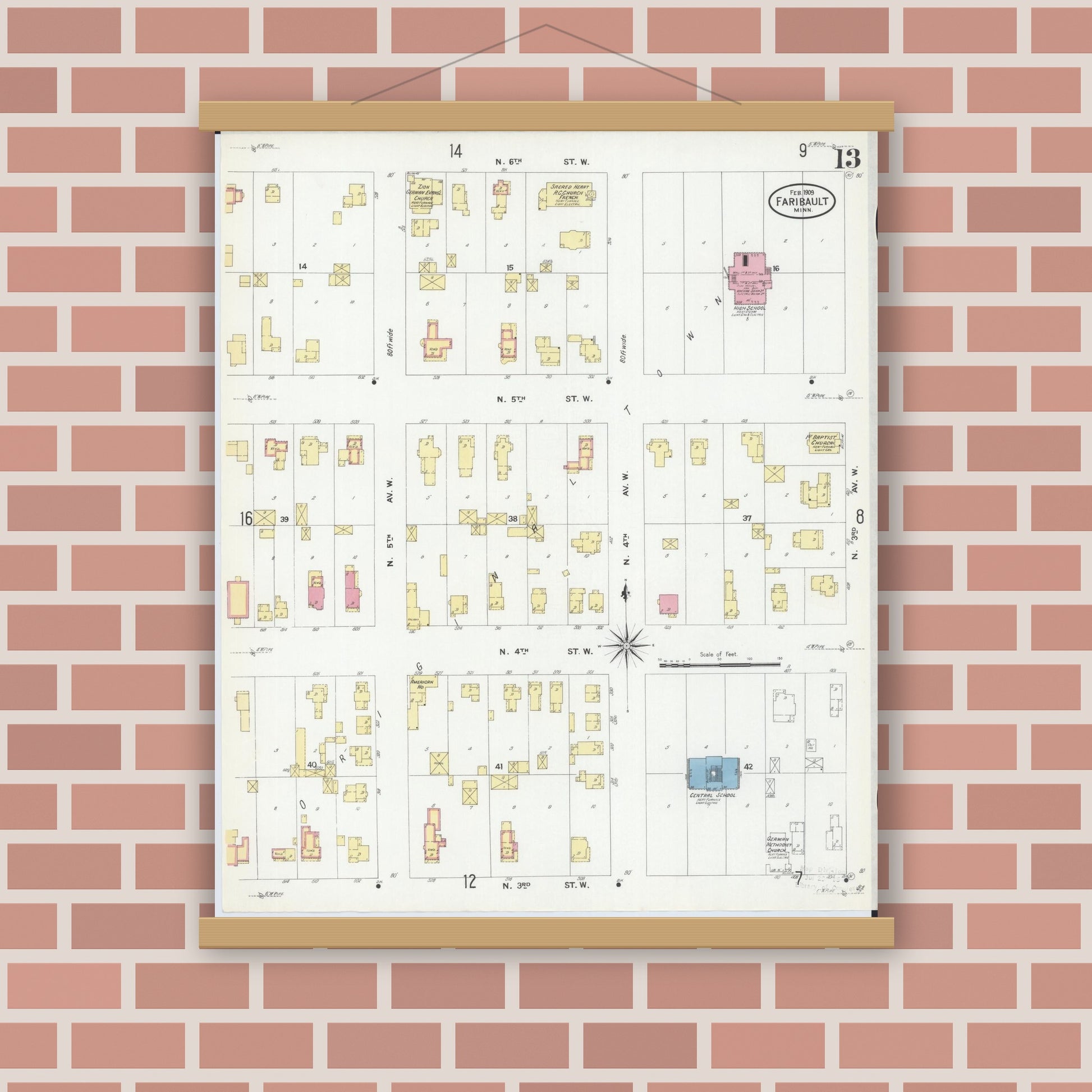 Old map wall art mockup — magnetic wood frame on brick wall — Sanborn Fire Insurance Map from Faribault, Rice County, Minnesota (1909), Sheet #0013