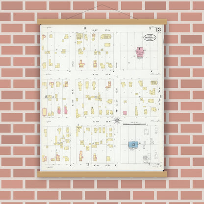Old map wall art mockup — magnetic wood frame on brick wall — Sanborn Fire Insurance Map from Faribault, Rice County, Minnesota (1909), Sheet #0013