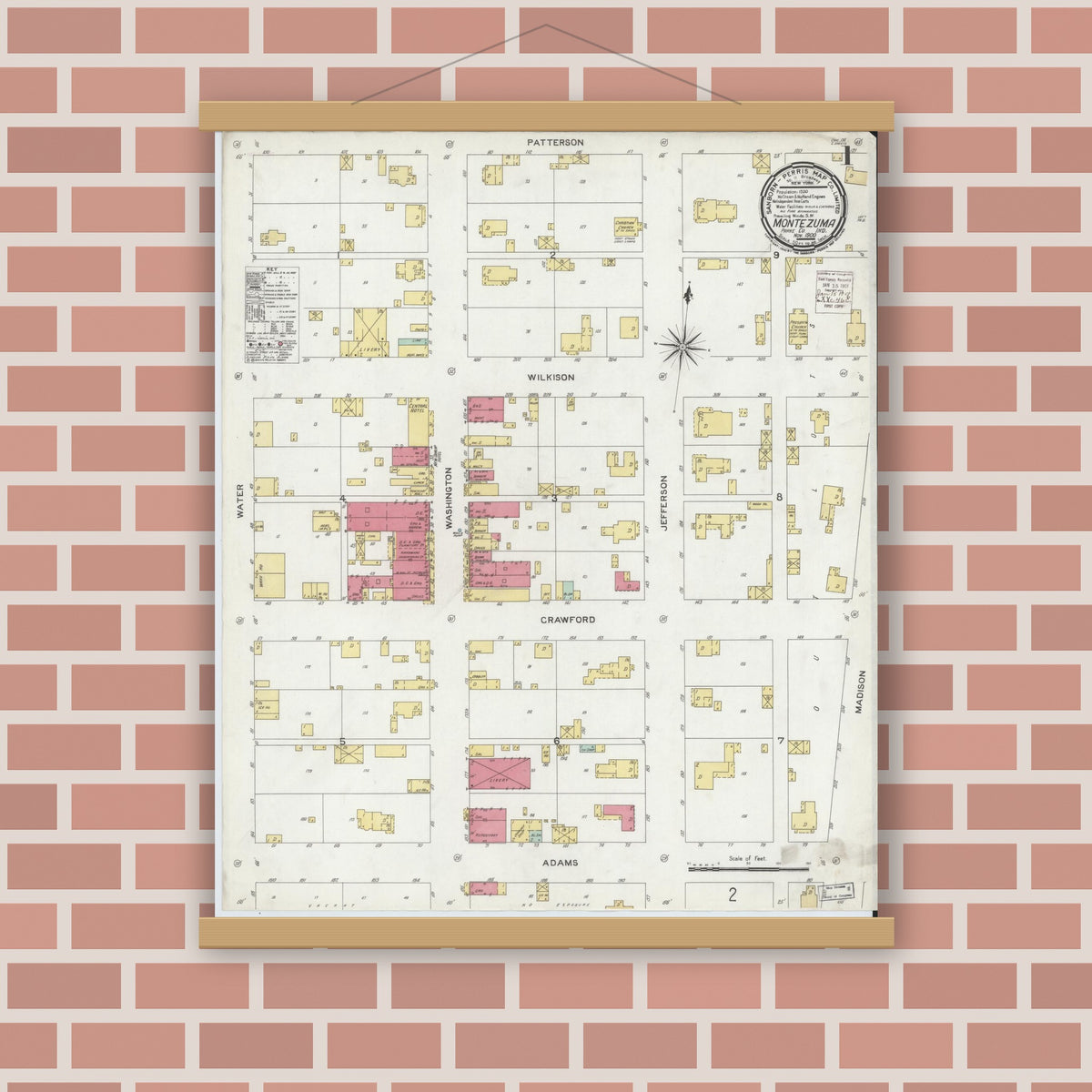 Old map wall art mockup — magnetic wood frame on brick wall — Sanborn Fire Insurance Map from Montezuma, Parke County, Indiana (1900), Sheet #0001