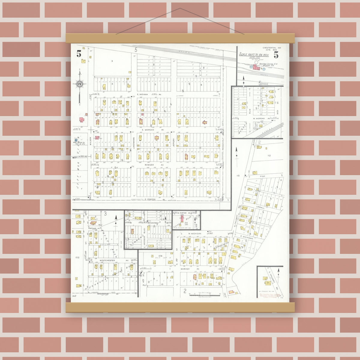 Old map wall art mockup — magnetic wood frame on brick wall — Sanborn Fire Insurance Map from Chesterton, Porter County, Indiana (1935), Sheet #0005