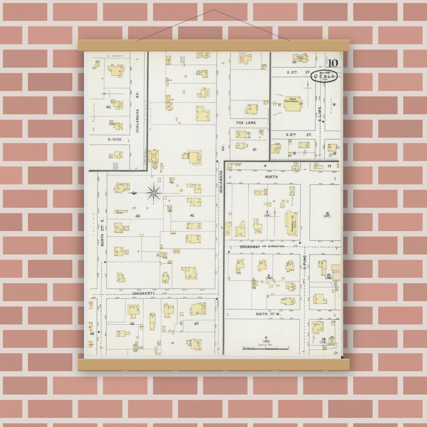 Old map wall art mockup — magnetic wood frame on brick wall — Sanborn Fire Insurance Map from Ocala, Marion County, Florida (1895), Sheet #0010