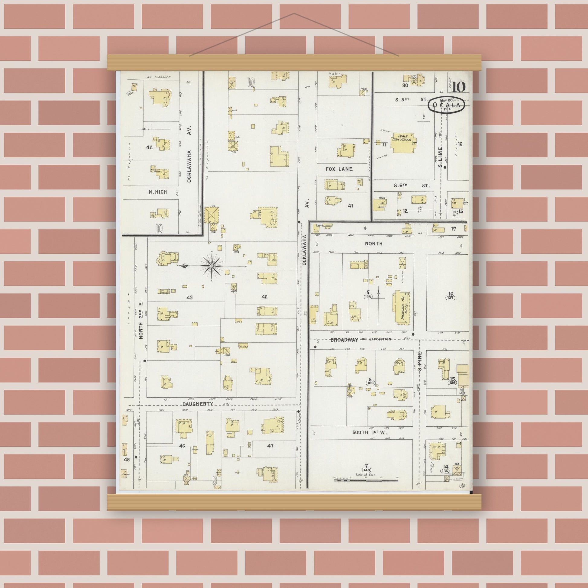 Old map wall art mockup — magnetic wood frame on brick wall — Sanborn Fire Insurance Map from Ocala, Marion County, Florida (1895), Sheet #0010