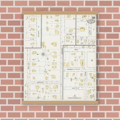 Old map wall art mockup — magnetic wood frame on brick wall — Sanborn Fire Insurance Map from Ocala, Marion County, Florida (1895), Sheet #0010