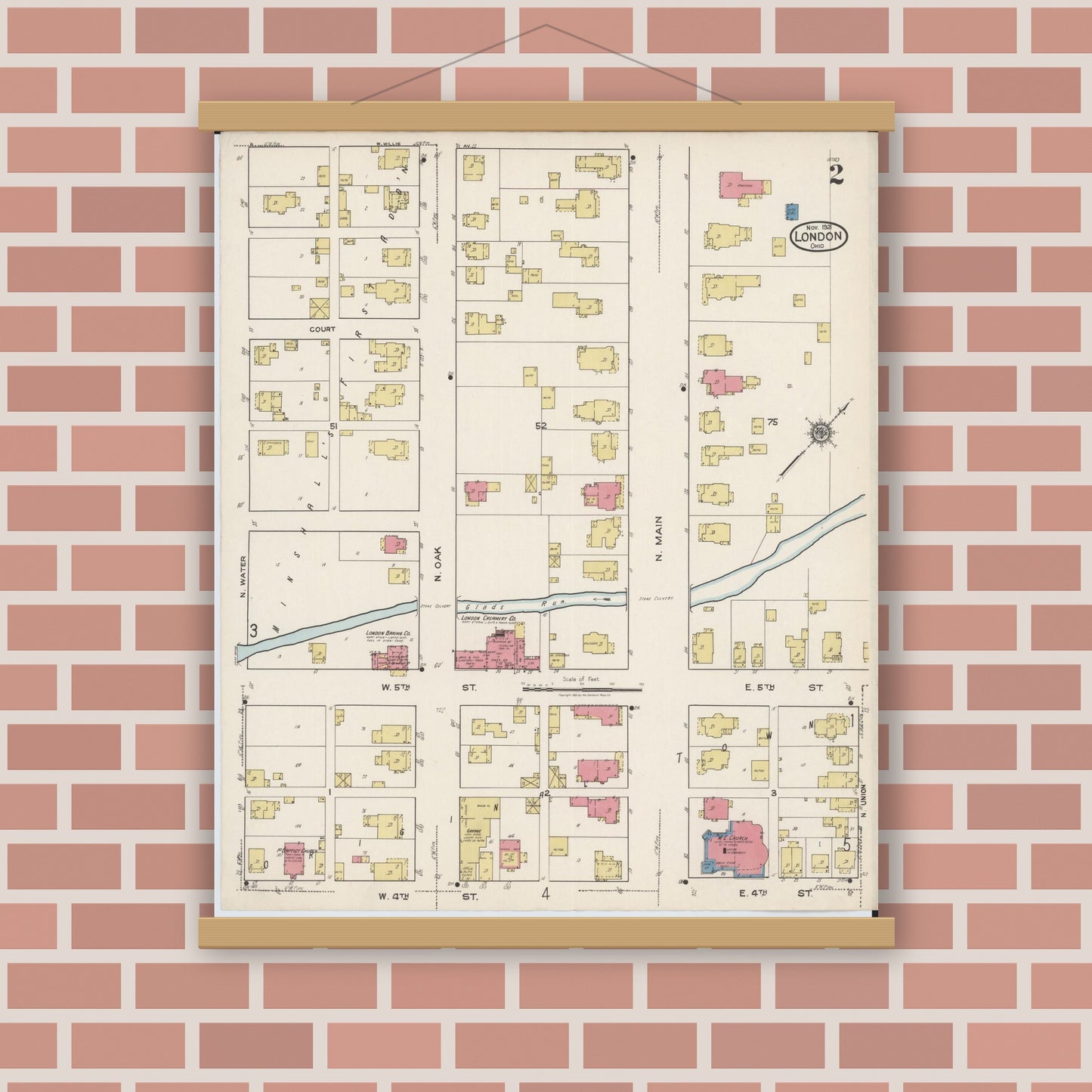 Old map wall art mockup — magnetic wood frame on brick wall — Sanborn Fire Insurance Map from London, Madison County, Ohio (1921), Sheet #0002