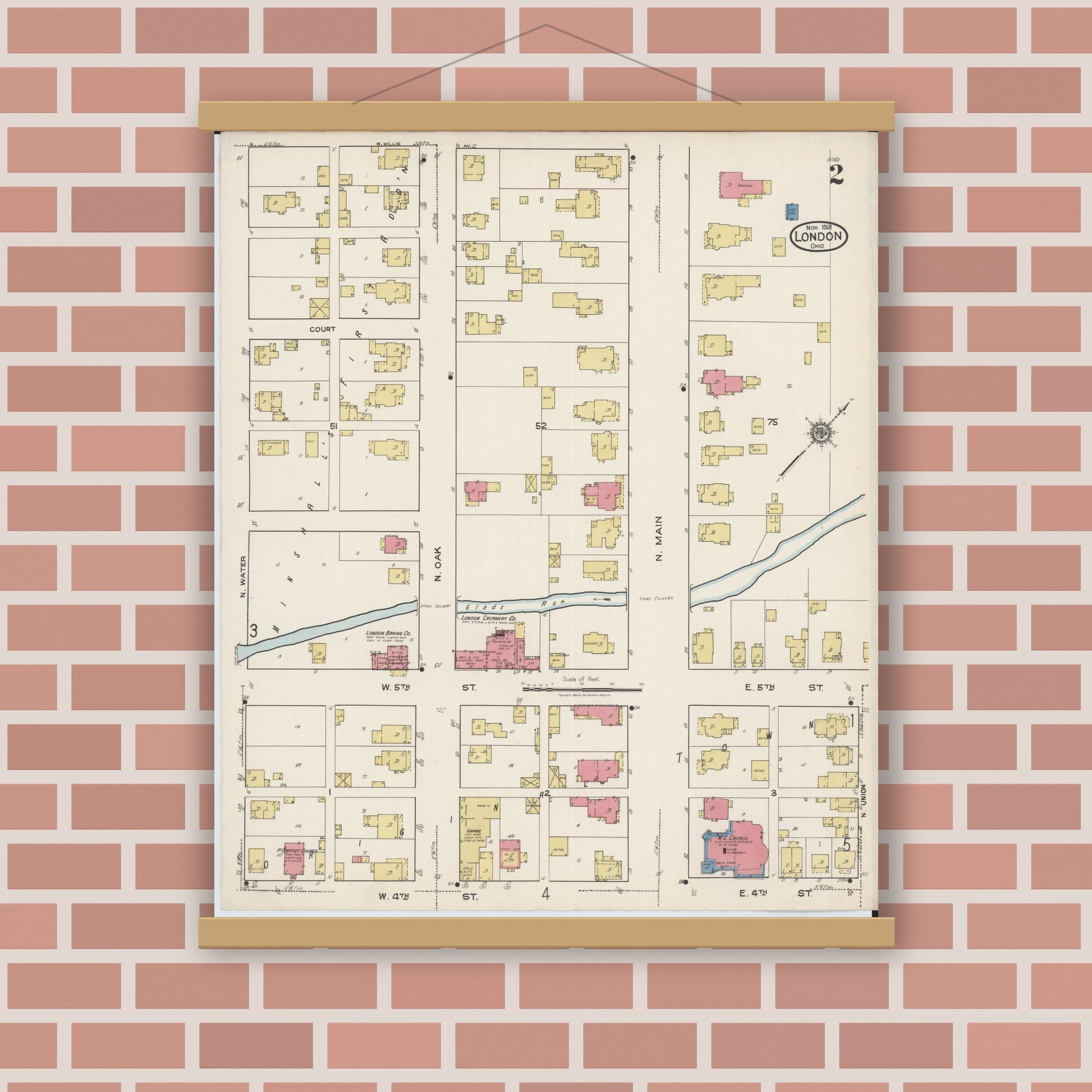 Old map wall art mockup — magnetic wood frame on brick wall — Sanborn Fire Insurance Map from London, Madison County, Ohio (1921), Sheet #0002