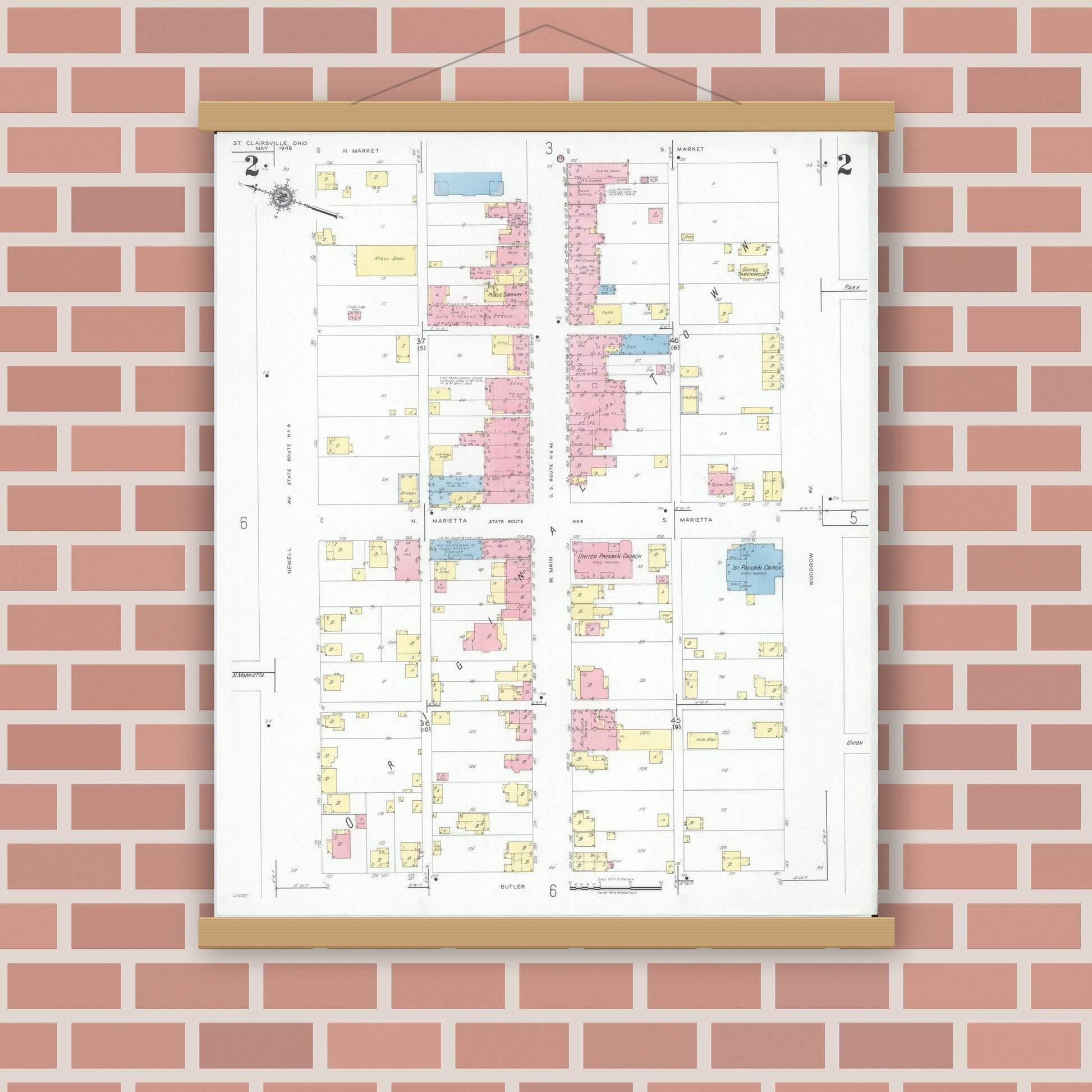 Old map wall art mockup — magnetic wood frame on brick wall — Sanborn Fire Insurance Map from Saint Clairsville, Belmont County, Ohio (1946), Sheet #0002