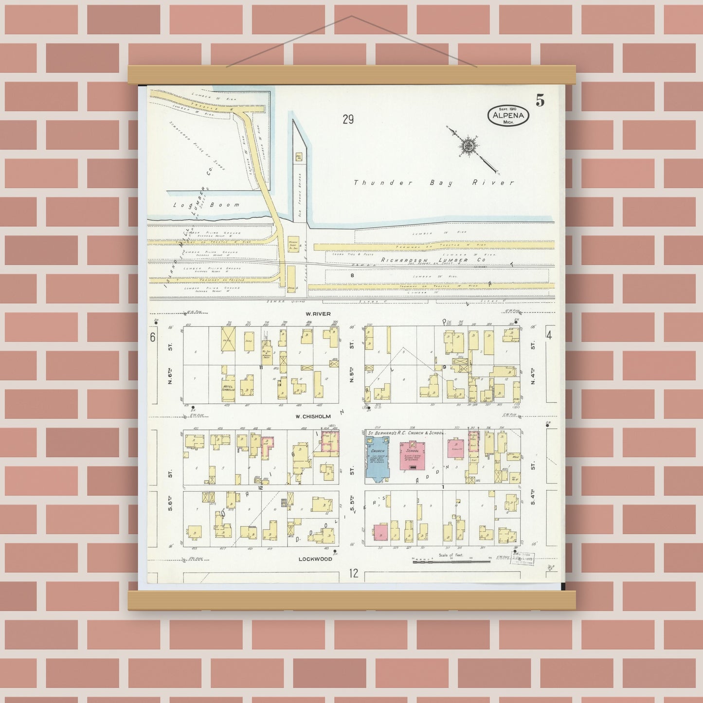Old map wall art mockup — magnetic wood frame on brick wall — Sanborn Fire Insurance Map from Alpena, Alpena County, Michigan (1910), Sheet #0005