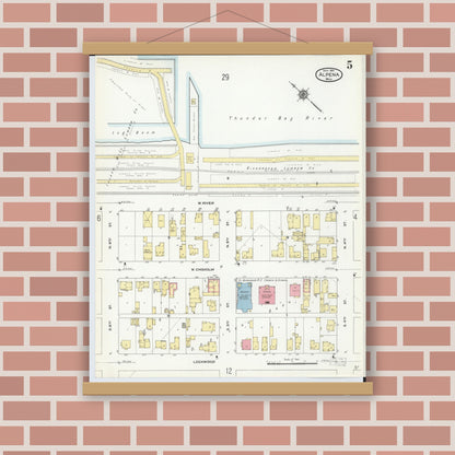 Old map wall art mockup — magnetic wood frame on brick wall — Sanborn Fire Insurance Map from Alpena, Alpena County, Michigan (1910), Sheet #0005