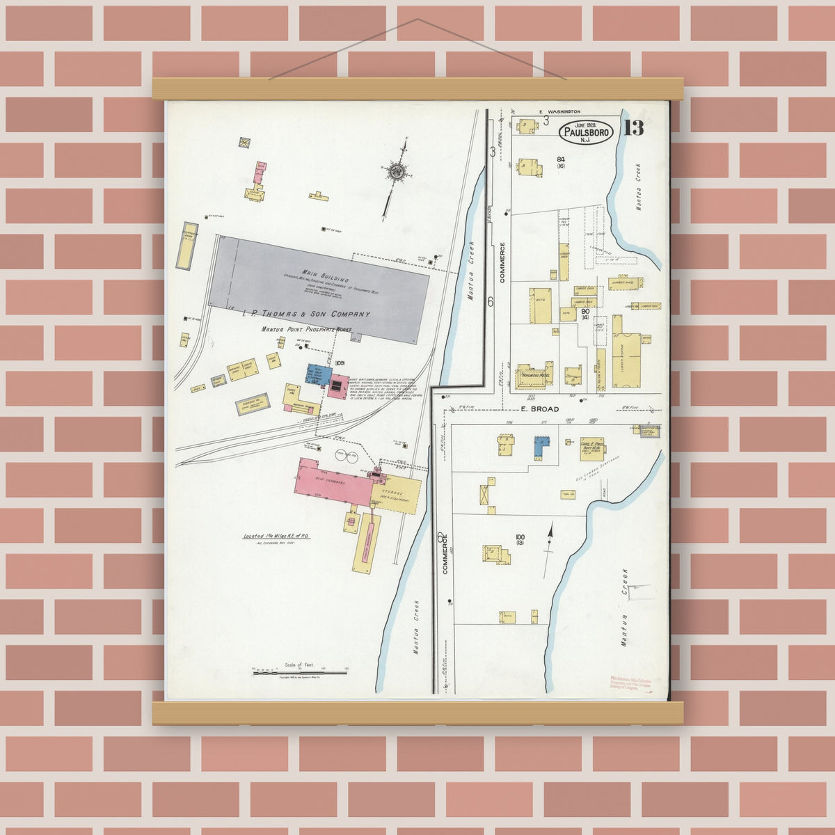 Old map wall art mockup — magnetic wood frame on brick wall — Sanborn Fire Insurance Map from Paulsboro, Gloucester County, New Jersey (1920), Sheet #0013
