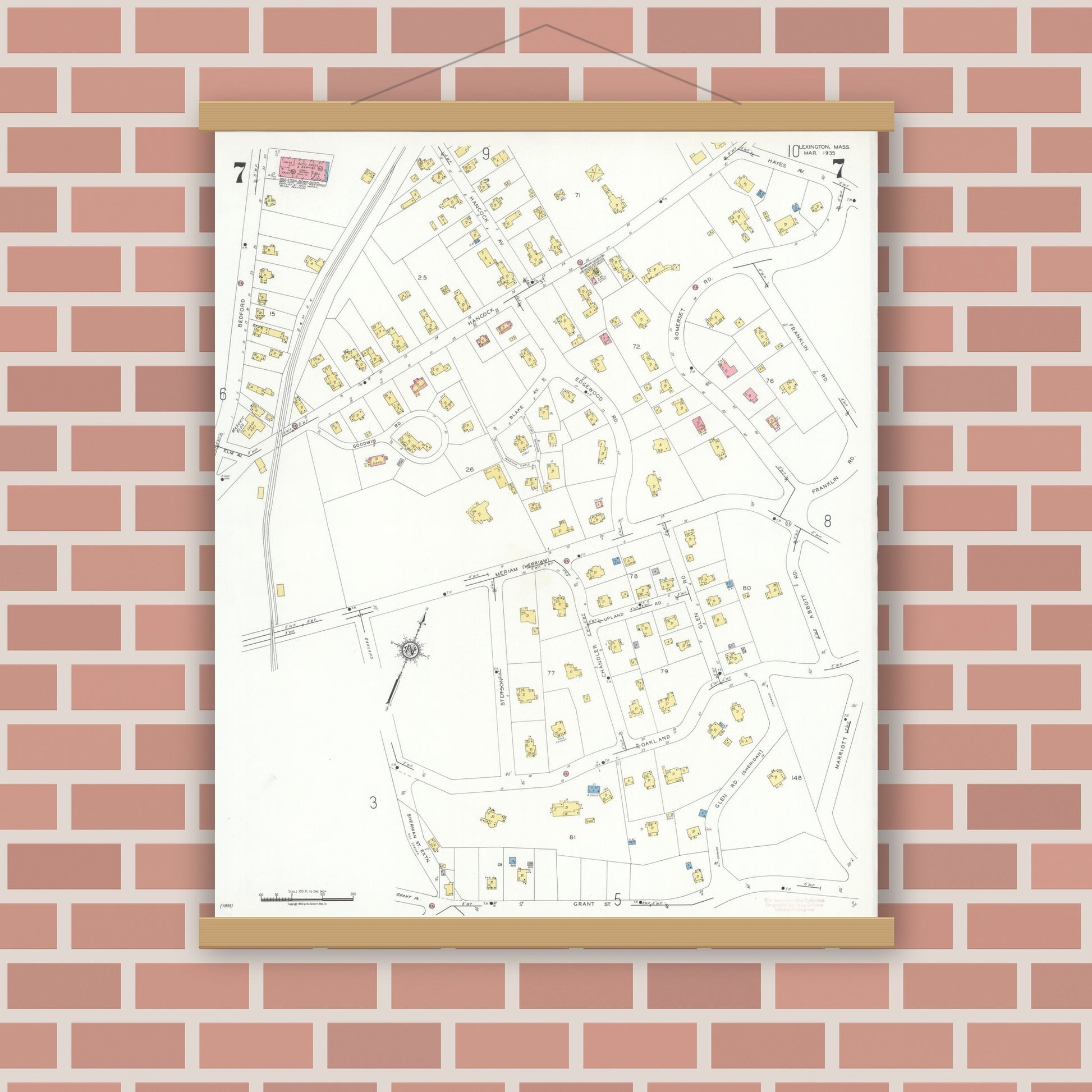 Old map wall art mockup — magnetic wood frame on brick wall — Sanborn Fire Insurance Map from Lexington, Middlesex County, Massachusetts (1935), Sheet #0007
